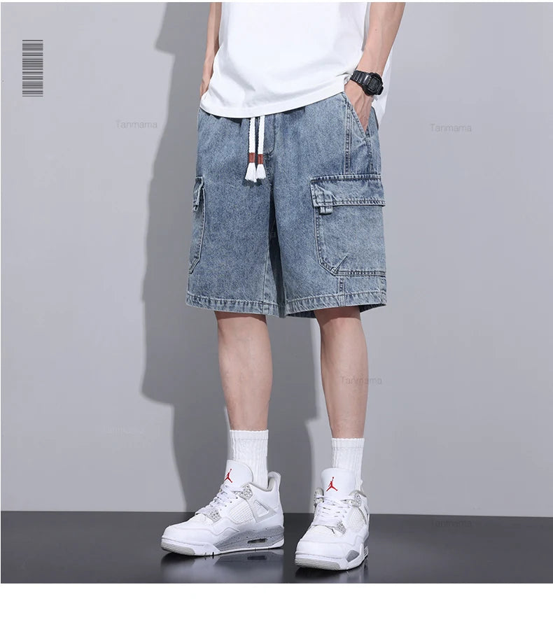 Men's short jeans in gray and blue