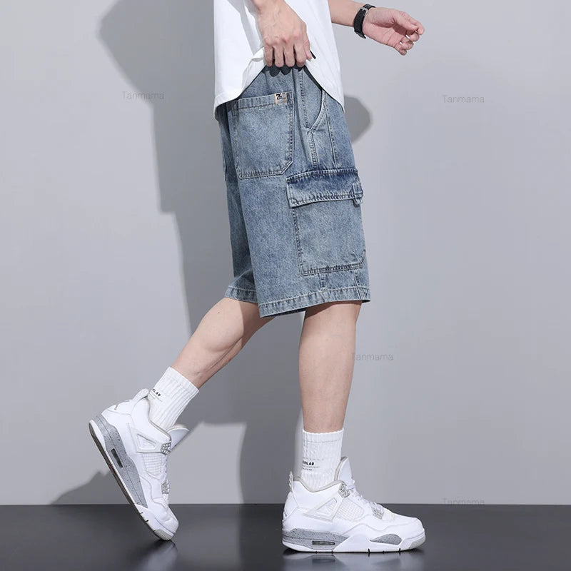 Men's short jeans in gray and blue